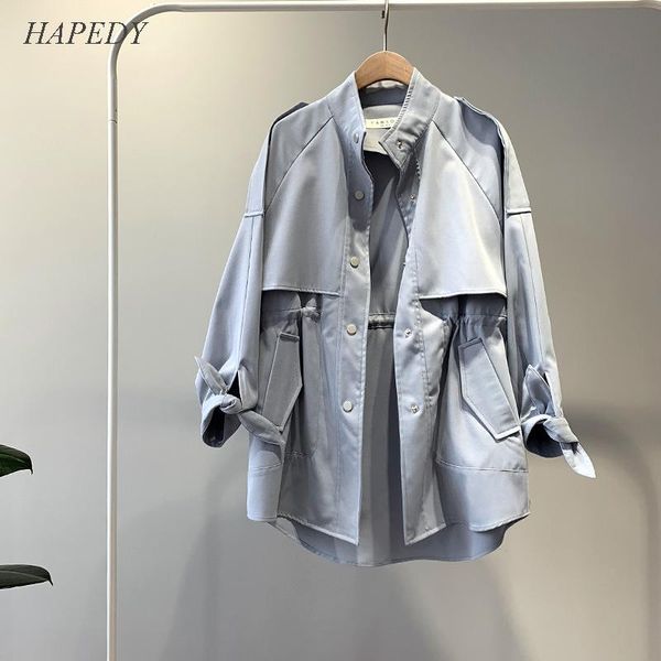 

hapedy fashion trench coat female autumn windbreaker drawstring casual loose clothes stand collar 2021 women short trench, Tan;black