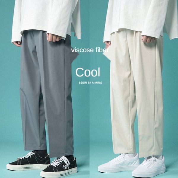 

men's pants summer pure color ice silk casual korean fashion loose wide-leg harajuku streetwear straight-leg 1bo1, Black