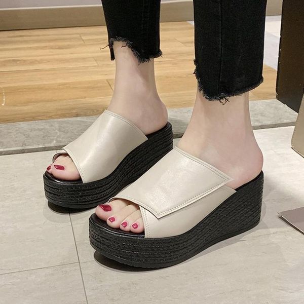 

slippers casual women summer thick bottom beach shoes slope heel waterproof platform 2021, Black