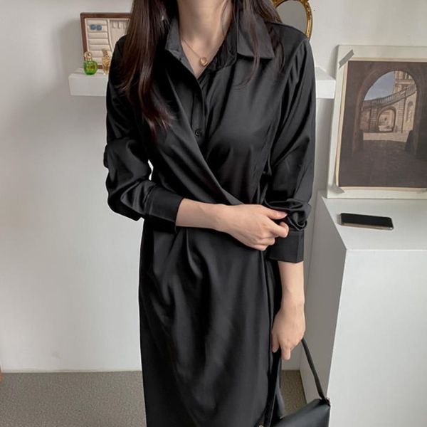 

2021 new autumn spring vintage work wear lapel shirt black women elegant ol single breasted long es vestidos veg0, Black;gray
