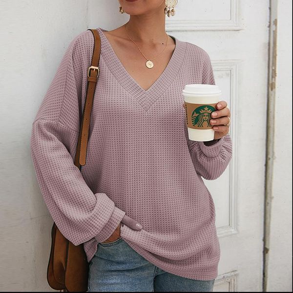 

2021 spring sweater women solid casual long sleeve waffle knitted sweater loose v neck pullover jumper jersey mujer, White;black