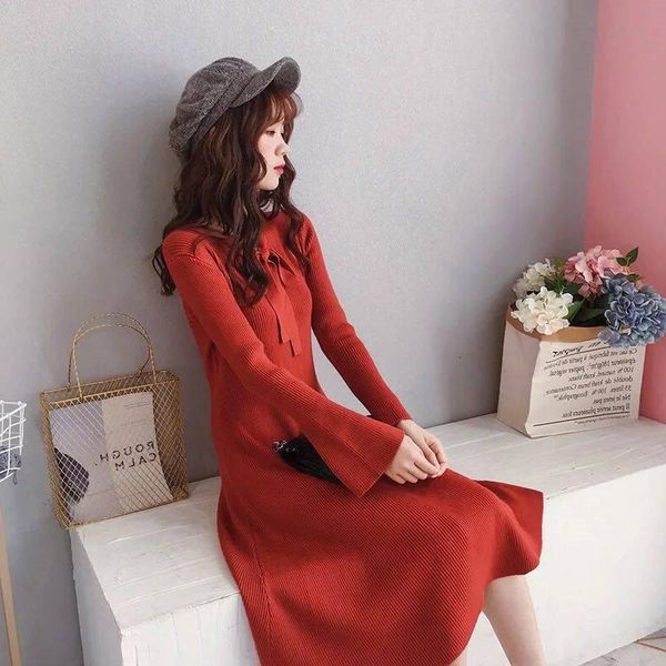 

2021 autumn winter new women bow lace up flare sleeve knitted pleated female vintage sweater tricot vestido k208vh3e, Black;gray