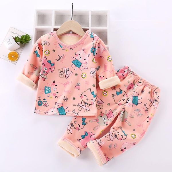 

pajamas kids boys girls autumn winter plus velvet pajama sets cartoon cat print long sleeve thermal underwear sleeping clothing, Blue;red