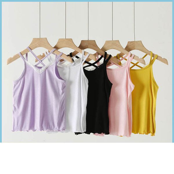 

girls tank children summer kids clothes childrens vest bottoms underwear lace t-shirts cotton b6914, Blue