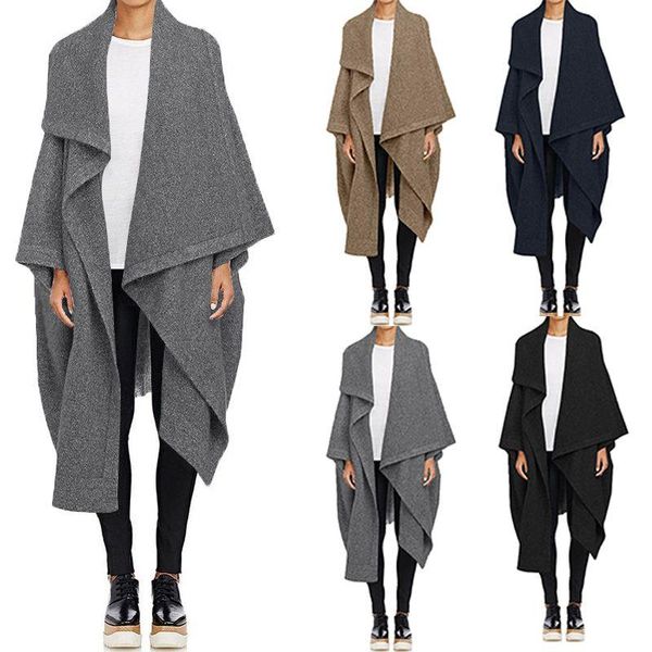 

women's wool & blends autumn winter long sleeve outwear trench woolen cape poncho solid waterfall coats jackets cardigans female women, Black