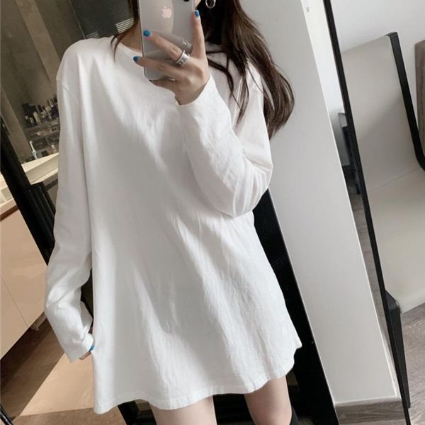 

ewq] 2021 spring female thin casual solid color round neck long sleeve minimalist white long based t-shirt 8y627