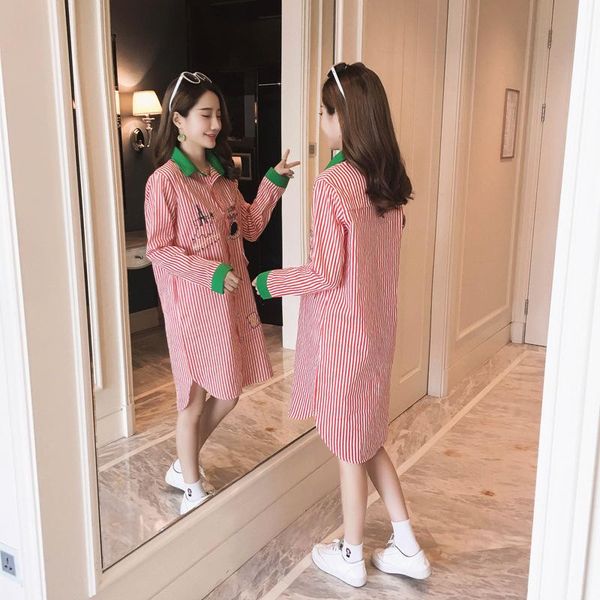 

maternity bottoms clothes spring and autumn fold-down collar embroidery long-sleeved shirt korean-style mid-length, White
