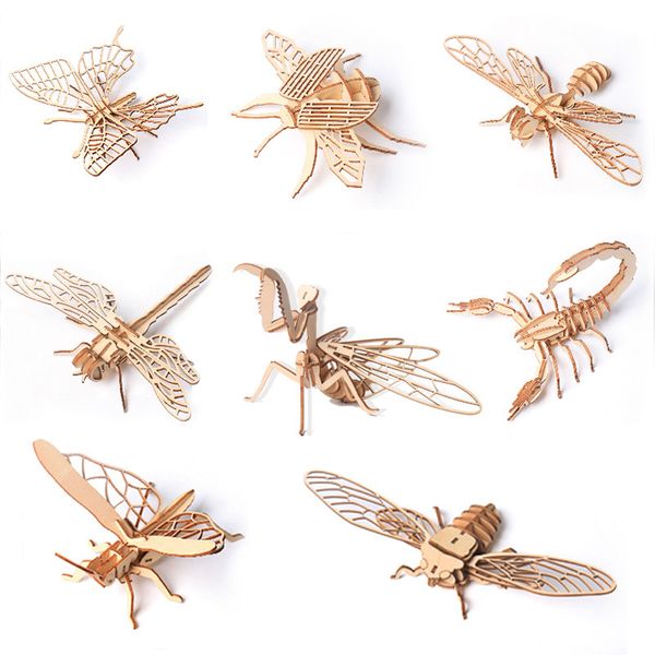 Commercio all'ingrosso 8 pezzi 3D in legno puzzle di insetti set insetto animale scheletro modello di assieme artigianato fai da te giocattoli per bambini adulti regali