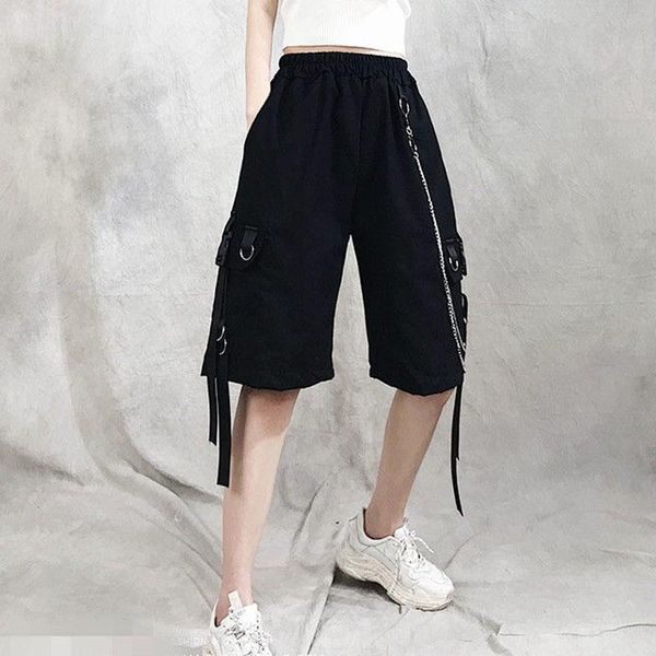 

women's shorts summer women cargo female loose straight casual short pants fashion elastic waist handsome chain knee length, White;black
