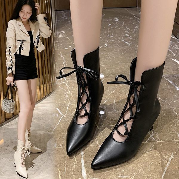 

heels shoes women cross-tied gladiator boots pointed toe pumps high heels ankle boot hollow outs booties botas mujer 8689n, Black