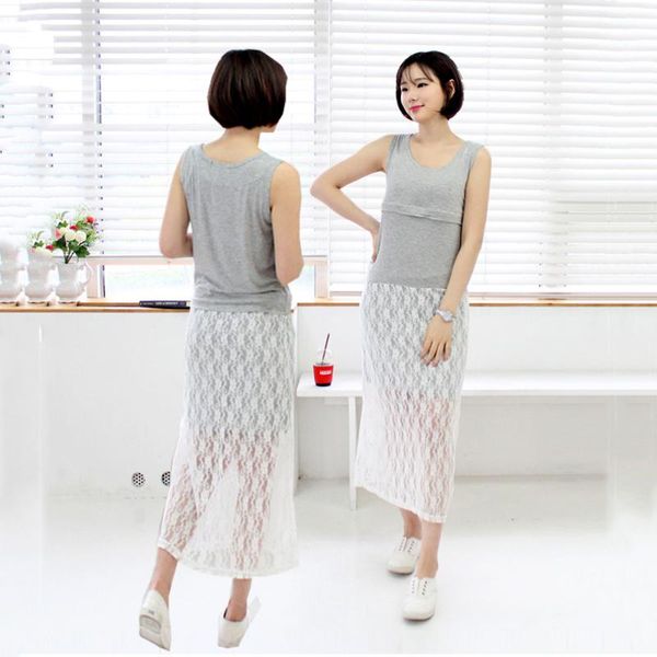 

summer maternity dresses lace patchwork sleeveless long dress for pregnant women plus size nursing dress breastfeeding clothes, White