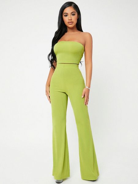 

sxy crop tube & flare leg pants set x2uw#, White