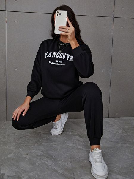 

sxy letter graphic drop shoulder sweatshirt & sweatpants 618o#, White