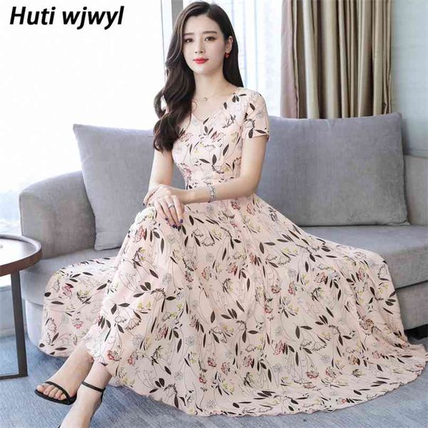 

summer beach vacation pink printed chiffon maxi dress vintage 3xl plus size sweet midi elegant women bodycon vestido 210528, Black;gray