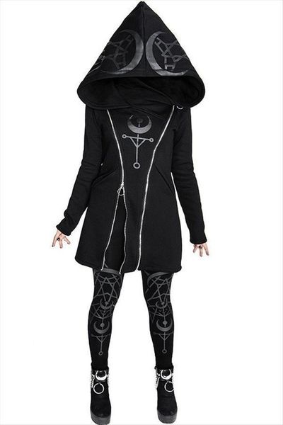 

gothic punk pullover hoodies women long sleeve hooded sweatshirt zipper coat autumn winter female casual hoodie oversized hoody, Black