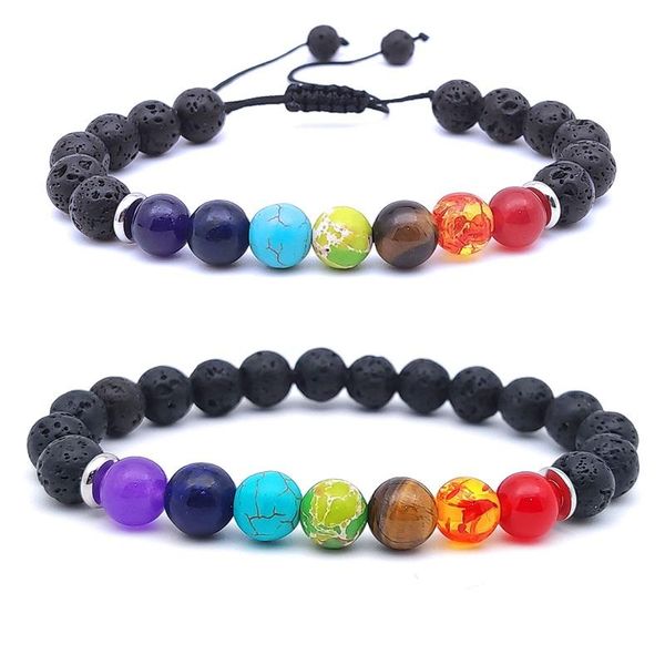 

beaded, strands 8mm seven chakra stone bracelet black lava beads women men buddha yoga strand briaded jewelry set
