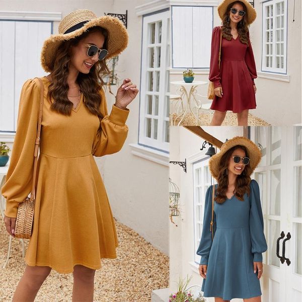 

casual dresses women long sleeves v neck tunic dress solid color female slim midi e56c, Black;gray