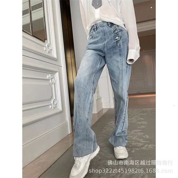 

ch family 21 white side breasted wash straight pants women's back embroidered light blue trouser leg rough jeans