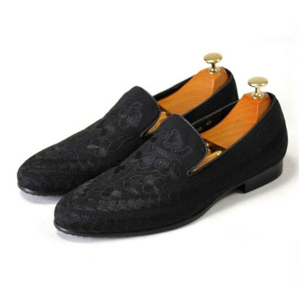

classic embroidery men shoes flat heel handmade genuine leather fashion formal loafers driving boats, Black