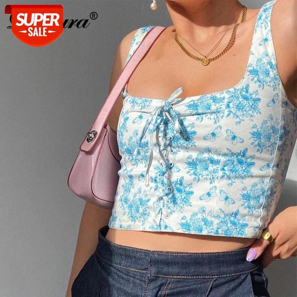 

dulzura butterfly floral print women crop tanks bustier lace up bodycon 2020 summer clothes party club streetwear cute #ed3h, White