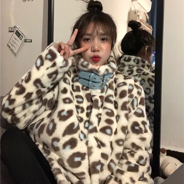 

2021 new autumn and winter leopard print furry short jacket women stand-up collar leather button quilted thick coat 399c, Black;brown