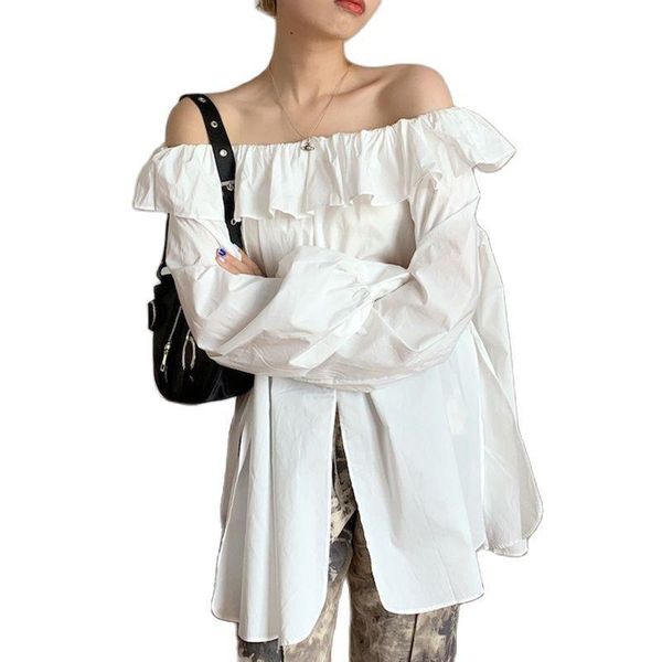 

women's blouses & shirts getspring women blouse slash neck off shoulder ruffles split ladies shirt loose casual long female fashion 20, White
