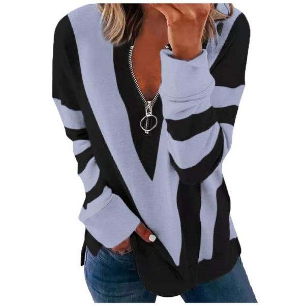 

women's blouses & shirts autumn winter zipper v-shaped strip printing long-sleeved shirt blouse fashion female streetwear clouthing blu, White