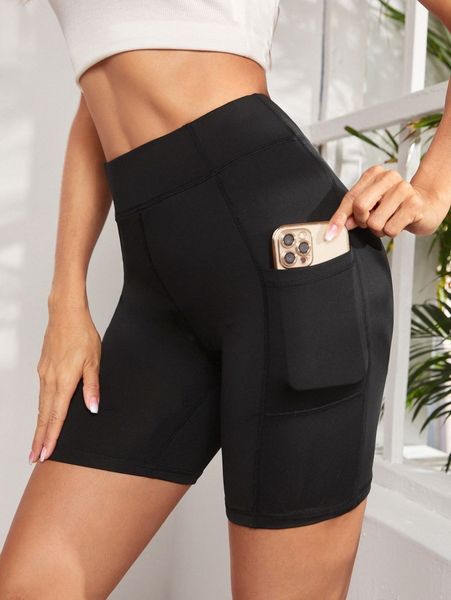 

stitching wideband waist biker shorts with phone pocket 88gd#, Black