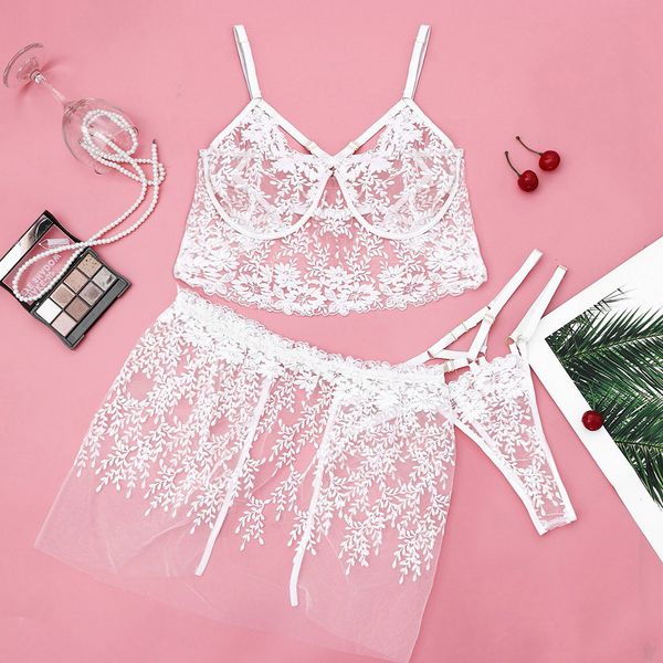 

ladies nightwear bra set seductive embroidered lace lingerie underwire mini skirt snd thong sleepwear nachtkleding vrouwen, Black