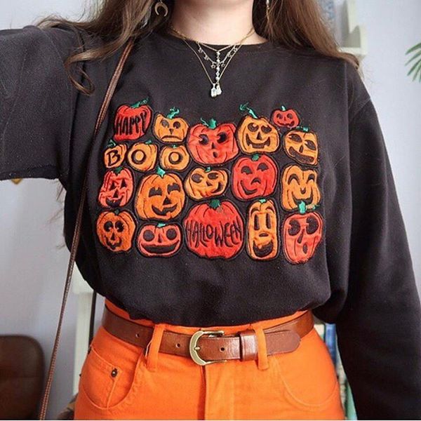 

pumpkin halloween print sweatshirt women casual crewneck long sleeve pullovers streetwear autumn loose sweatshirt moletom, Black