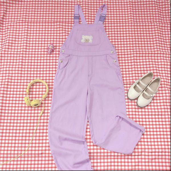 

japanese kawaii high waist pants women trousers korean street loose purple overalls harajuku soft girl cute bear jumpsuit romper, Black;white