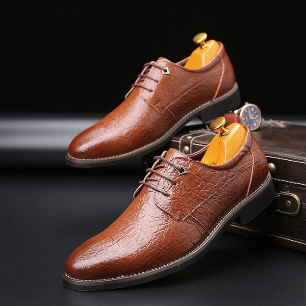 

dress shoes pointed-toe formal leather british trend crocodile pattern business casual men's weddding chaussure cuir m048, Black