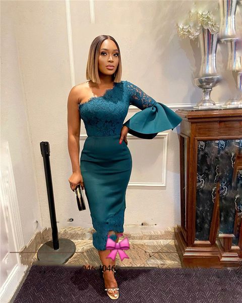 

emerald green mermaid evening dresses with long sleeves short tea length lace prom party gowns one shoulder vestidos de fiesta, Black;red