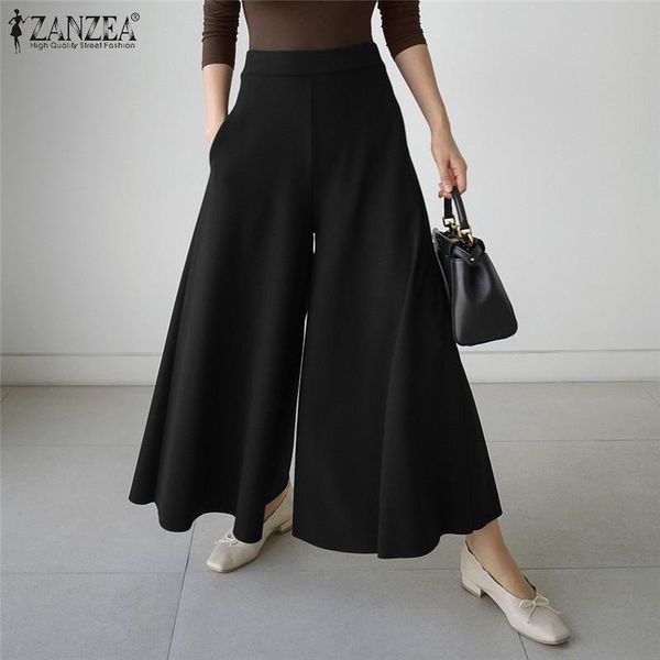 

women's pants & capris zanzea elegant women work ol wide leg trousers summer high waist long flare palazzo solid loose casual pantalon, Black;white