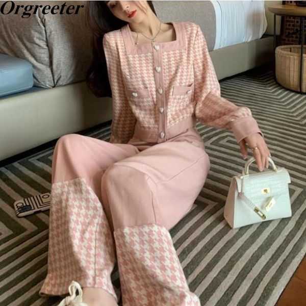 

women's two piece pants sweater trouser suits women fall winter houndstooth heart-shaped buttons knitted pullover wide leg casual 2 set, White