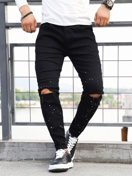 

men splash ink ripped frayed skinny jeans d1qz#, Blue