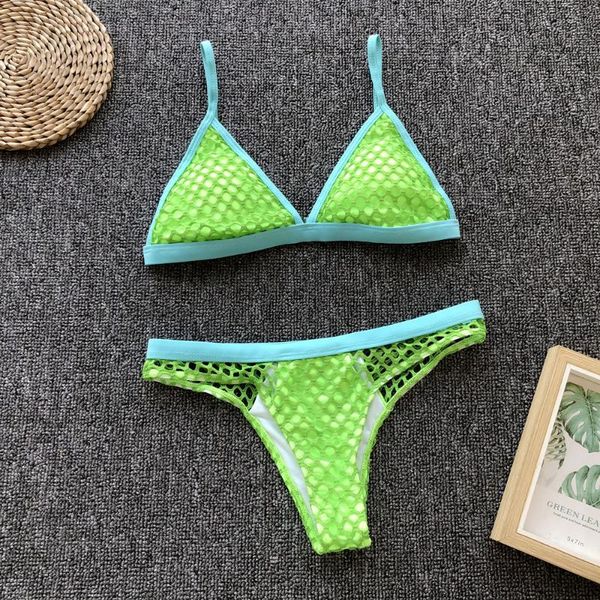 

2021 new solid grid mesh beach bikinis women thong triangle strap bathing suit bathers mujer padded low waist swimsuit