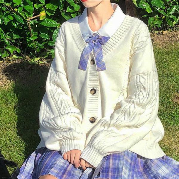 

sweet cute kawaii lolita girl knit sweater lazy preppy style loose puff sleeves harajuku girls jk uniform sweater coat s2xl, Black