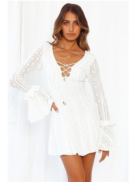 

2021 beach cover up crochet knitted tassel tie beachwear deep v-neck bandage see-through ruffies sleeve beach dress, Black;gray