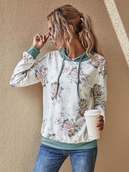

floral print drawstring hoodie i5id#, White;black