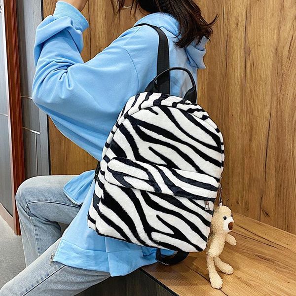 

backpack style 2021 winter plush wool fur schoolbag female harajuku zebra stripe mini women cows pattern girl's
