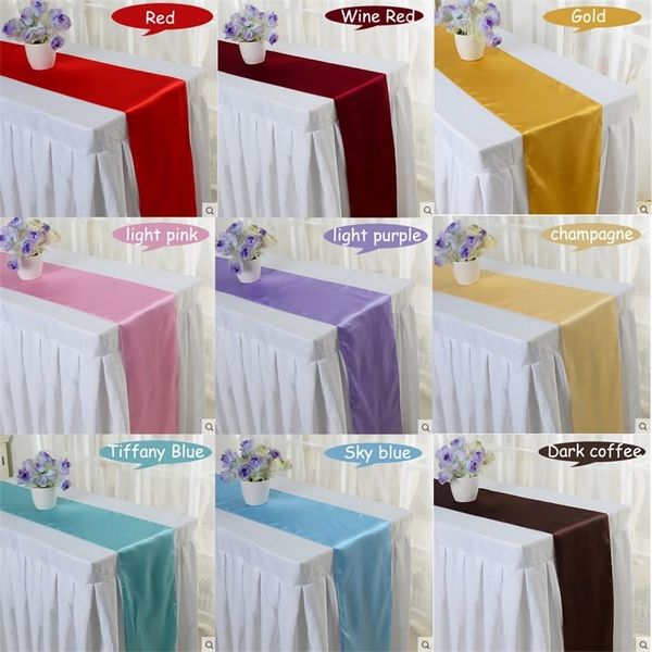 Barato 10 pçs / lote vermelho / azul / amarelo / roxo 16 cores 30 * 275cm Corredor de mesa de cetim para noivado de casamento / hotel banquete / fesival decor y200421