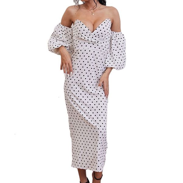 

New 2021 Casual Polka Dot Slim a Line Women Elegant Lantern Sleeve Off Shoulder Long Sexy v Neck Party Evening V11A, Black;gray
