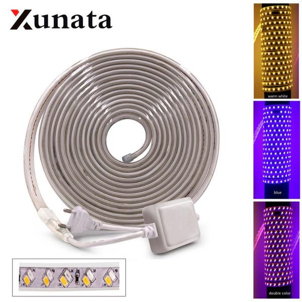 

strips 220v 5730 5630 led strip 120 leds/m double color blue+warm white waterproof outdoor lighting flexible tape light + eu plug