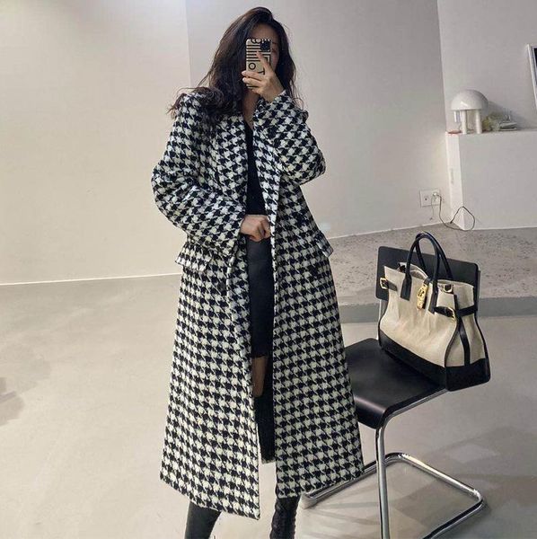 

women's wool & blends woolen jacket women 2021 winter korean fashion houndstooth long over-the-knee thick coat trend, Black