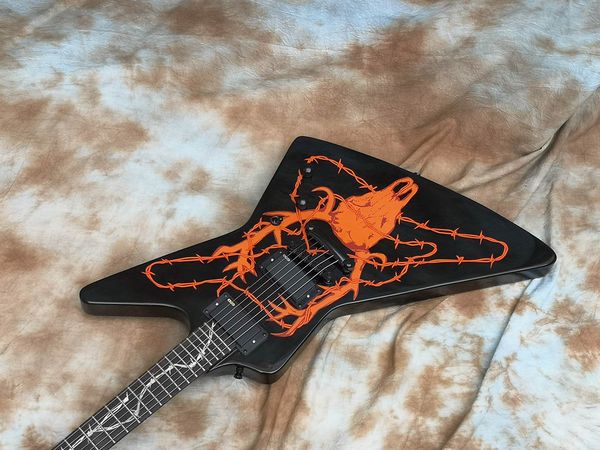 

custom james hetfield metallica electric guitar, woodburned elk skull mx-250 black explorer