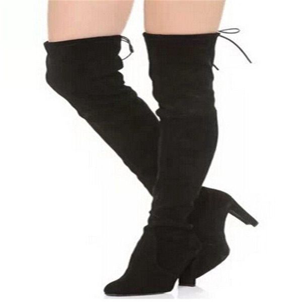 

boots suede leather lace up over the knee thigh high square heel stretch motorcycle women spring autume long, Black