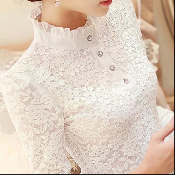 

2021 new ruffles lace women blouse and shirts pearl long sleeved slim office lady elegant white shirts outwear