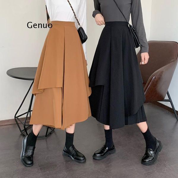 

skirts 2021 women's spring summer a-line vintage high waist korean style irregular flare wild long, Black
