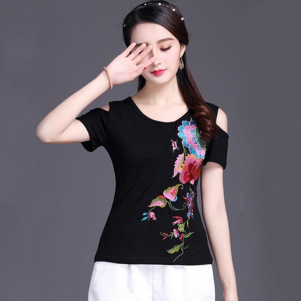 

t shirt women off shoulder short sleeve 100% cotton t shirt ethnic embroidery plus size ladies casual black, White